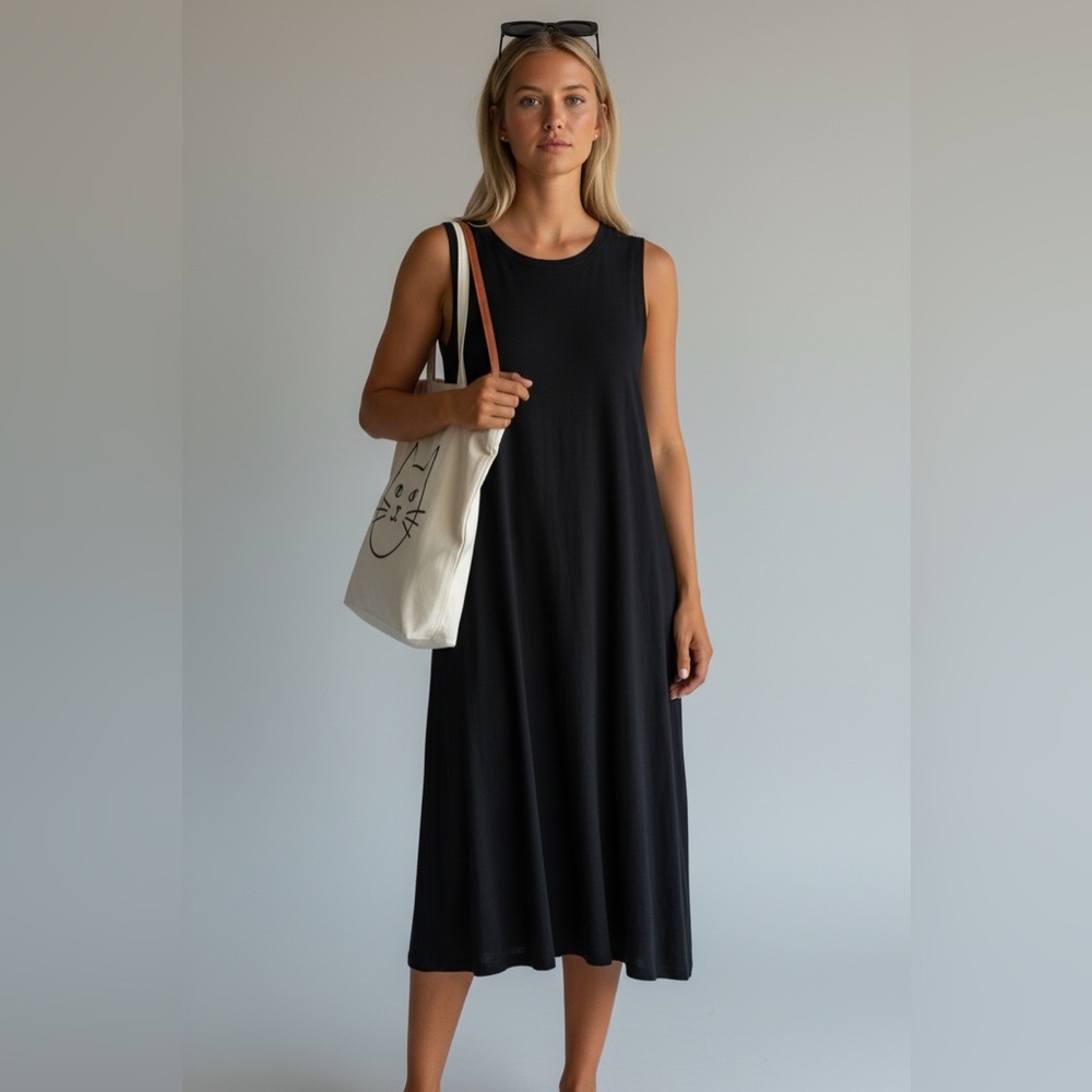 Pure Essence Black Maxi Dress Sleeveless‎ Casual Pockets Bamboo Blend S